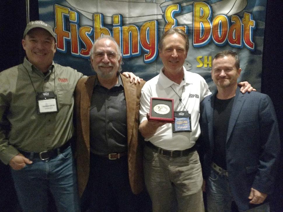 This year's inductee into the Canadian Angler Hall of Fame, Wil Wegman (2nd right) with (right to left) Fish'n Canada's Pete Bowman and Angelo Viola, and Outdoor Canada's Patrick Walsh