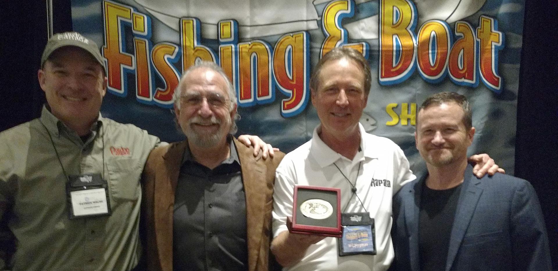 This year's inductee into the Canadian Angler Hall of Fame, Wil Wegman (2nd right) with (right to left) Fish'n Canada's Pete Bowman and Angelo Viola, and Outdoor Canada's Patrick Walsh