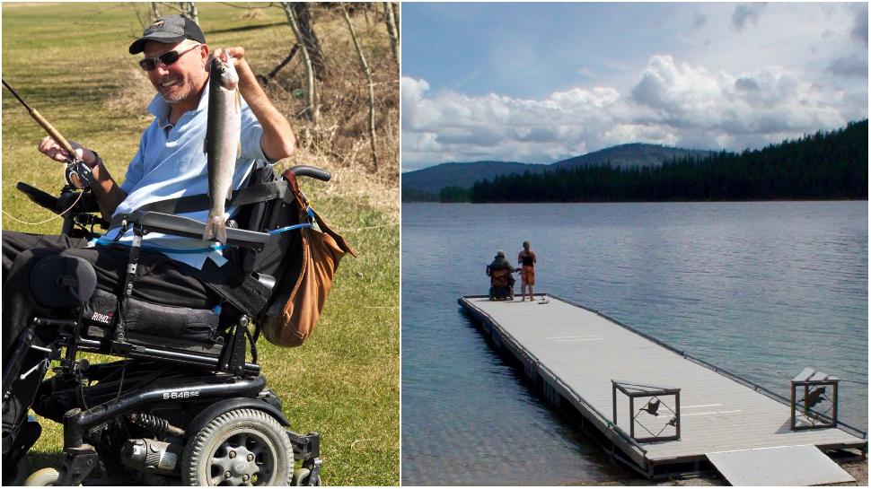 Credit: Kary Wright. The author (left) fishes on an accessible dock.