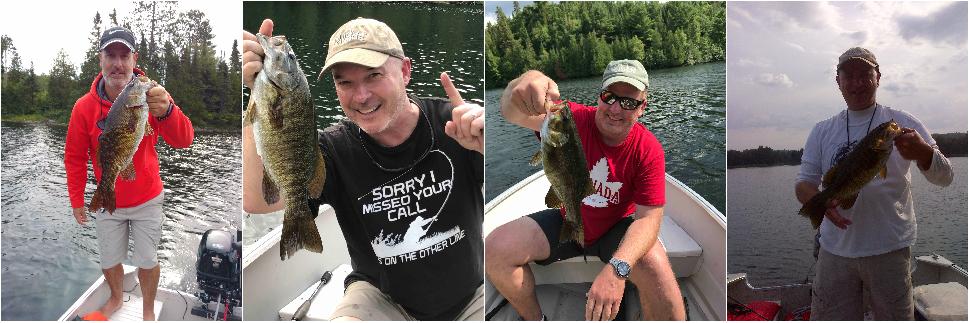 Credit: Beauchêne 2017 crew Beauchêne bass: (left to right) Jon Baker and a big Birch smallie; the author and his first bass of the trip; Gord Browning gets on the board; and Billy Shields hoists a chunky specimen