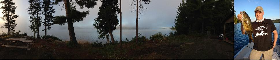 Credit: Jon Baker The view of Birch Lake from in front of the outpost cabin; the author and a typical Birch smallmouth