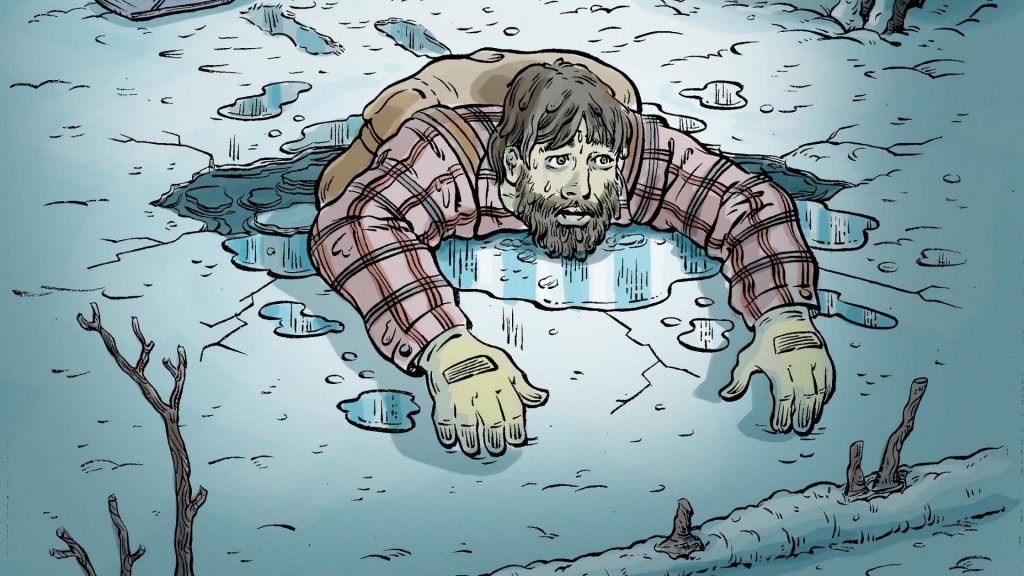 Illustration of a man falling into the frozen lake