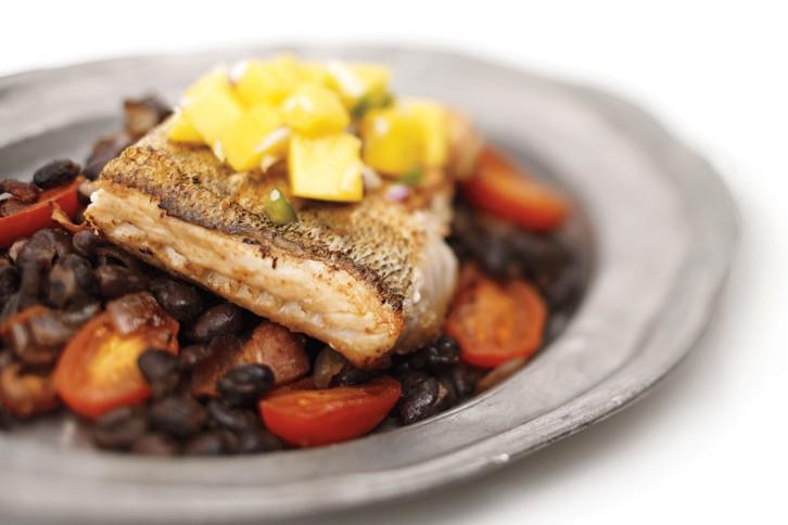 Mango Walleye over Black Beans