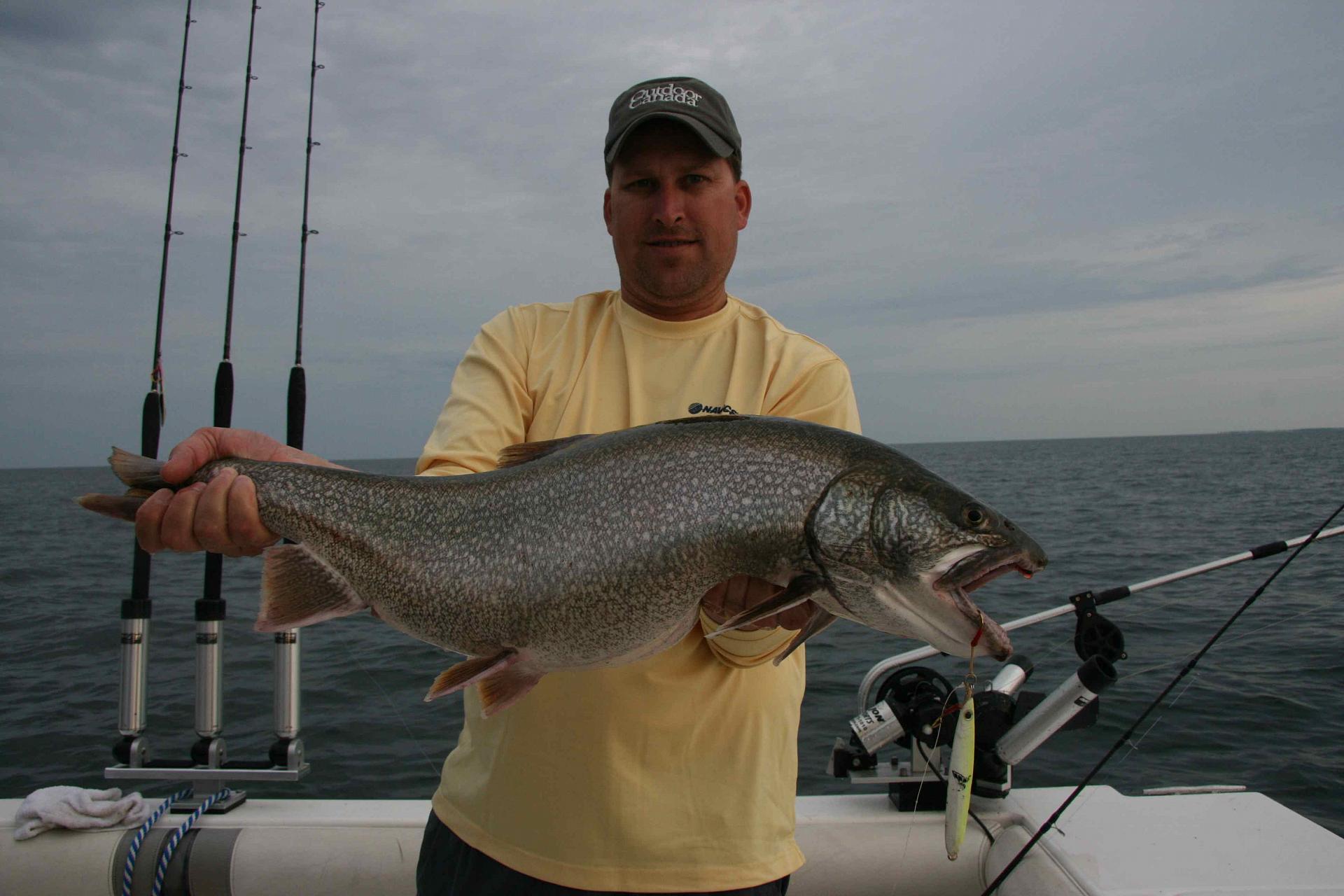 The jig is up: Navionics' Chris Gatley and a 15-pound lake trout that fell for his Shimano Butterfly jig in 140 feet of water