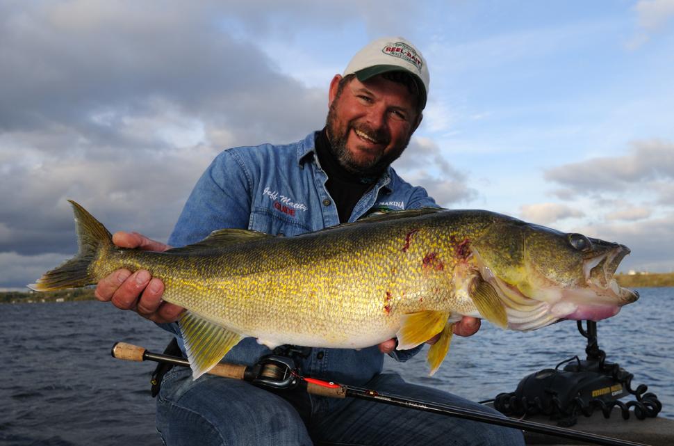 Jeff with the 13-pound walleye we caught last year fishing with Fergie Spoons. By the way, the scars on the fish are caused by pelicans that harass the walleyes while they spawn in the spring.