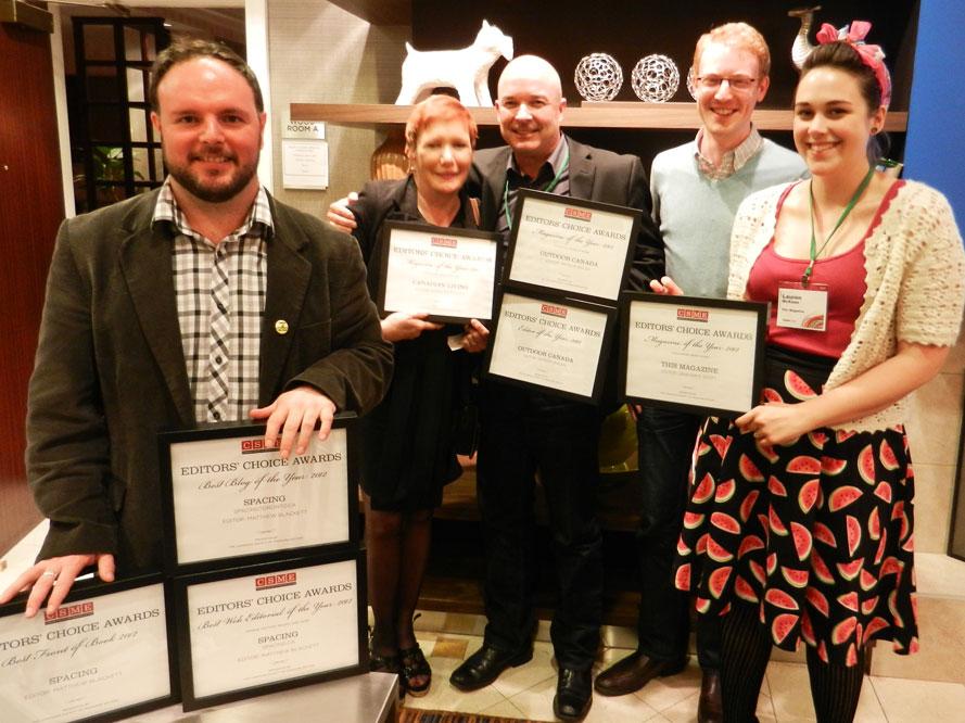 CSME Award winners: Matthew Blackett, publisher and creative director of Spacing; Suan Antonacci, editor-in-chief of Canadian Living; Patrick Walsh, editor of Outdoor Canada; and from This Magazine Graham F. Scott, previous editor; and Lauren McKeon, current editor. Photo courtesy Masthead Online.