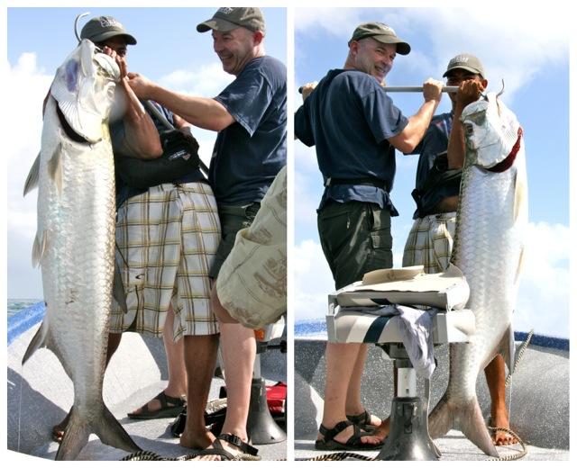 Guide Denis Williams helps the author hoist his first tarpon (left); the pair pose with the author’s second fish, an 80-pounder, before releasing it (right). Credit: Patrick Walsh.