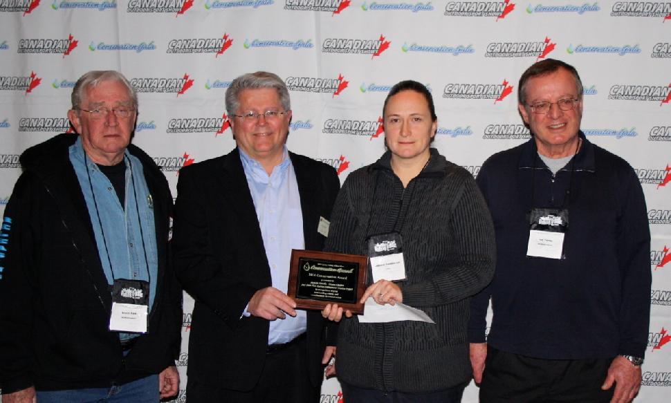 Accepting the Conservation Project of the Year Award are (left to right): Bruce Park and Peter Levick of Muskies Canada; Jennifer Lamoureux, of the Rideau Valley Conservation Authority and Ian Young of Muskies Canada. Credit: Scott Gardner.