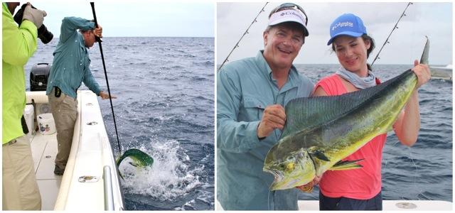 George Poveromo expertly gaffs a nice dorado (left); and poses with Columbia Sportswear’s Krystl Tonkin.