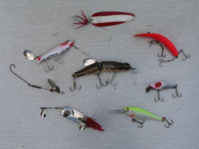 A selection of the author's lures. Clockwise from top: Eppinger Dardevle, Hellin Flatfish, Heddon River Runt, Normark Rapala, Heddon King, June Bug Spinner and Heddon Dowagiac. In the center is the Pikie Minnow. "This is the actual lure that has taken two 38-pound muskies, as well as forty-plus other muskies. It has long been retired," Hines says. Credit: Ray Hines.