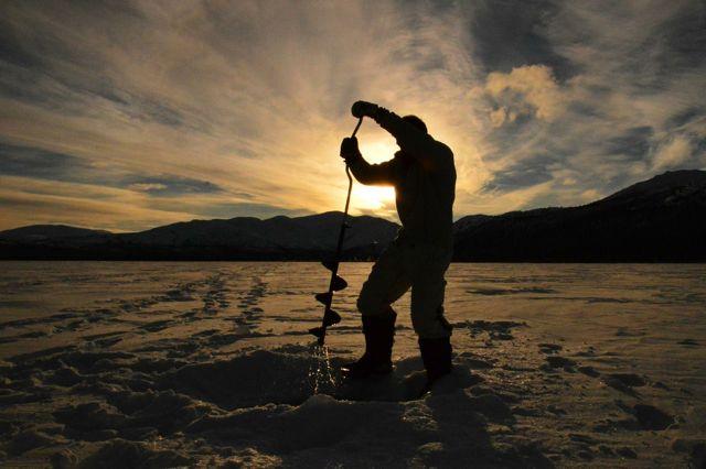 Ice fishing sunset