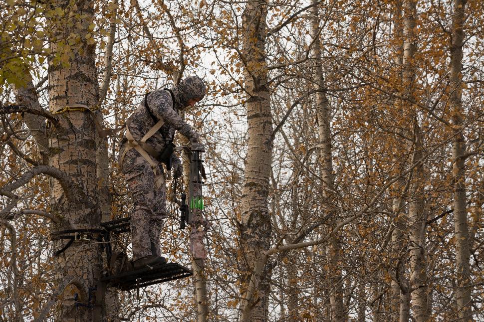 Always use rope to lift your unenergized crossbow into a treestand and then span it. Credit: Gord Nuttall.