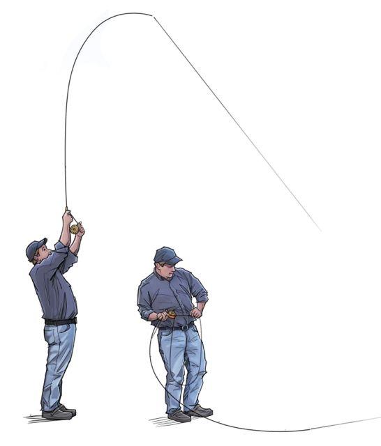 Credit: Sage. Instead of holding the fly rod above your head, apply side pressure to fight fish.