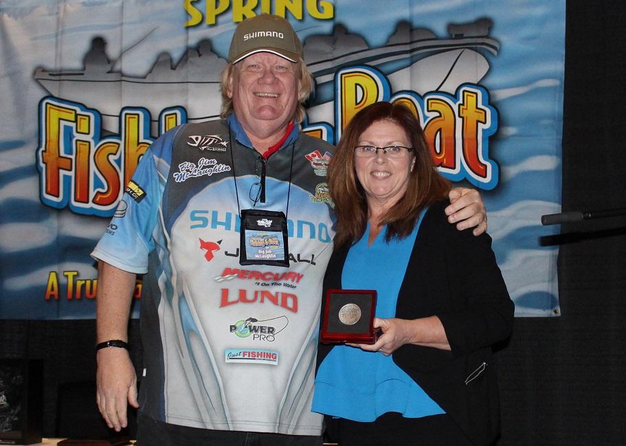 Anger Hall of Famer “Big Jim” McLaughlin (left) presented the Amsbury Award to Yvonne Brown. Credit: Outdoor Canada.