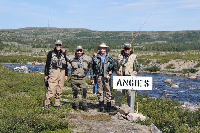 (Left to right) The author, Alisdair Mair, Donald Thom, and Kansas angler George Miller at Angie’s Pool on the Lagrevé. 