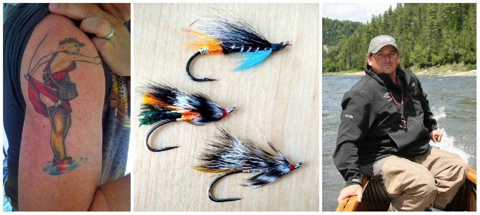 Credit: Patrick Walsh. (Left to right): Jacques Héroux’s cheeky tattoo; traditional Atlantic salmon flies; guide and lodge manager Vaughan Firth. 