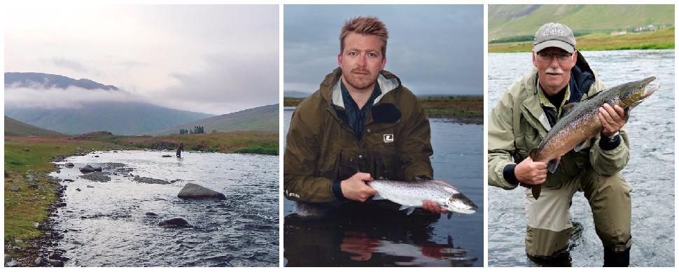 Credit: Ken Bailey. (Left to right) The idyllic Svartá River, Lax–Á’s Jóhann Ólafsson, and the author show off Atlantic salmon.