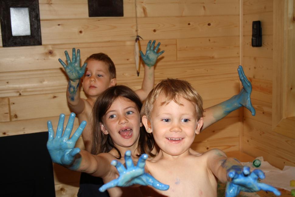 Kids with blue hands